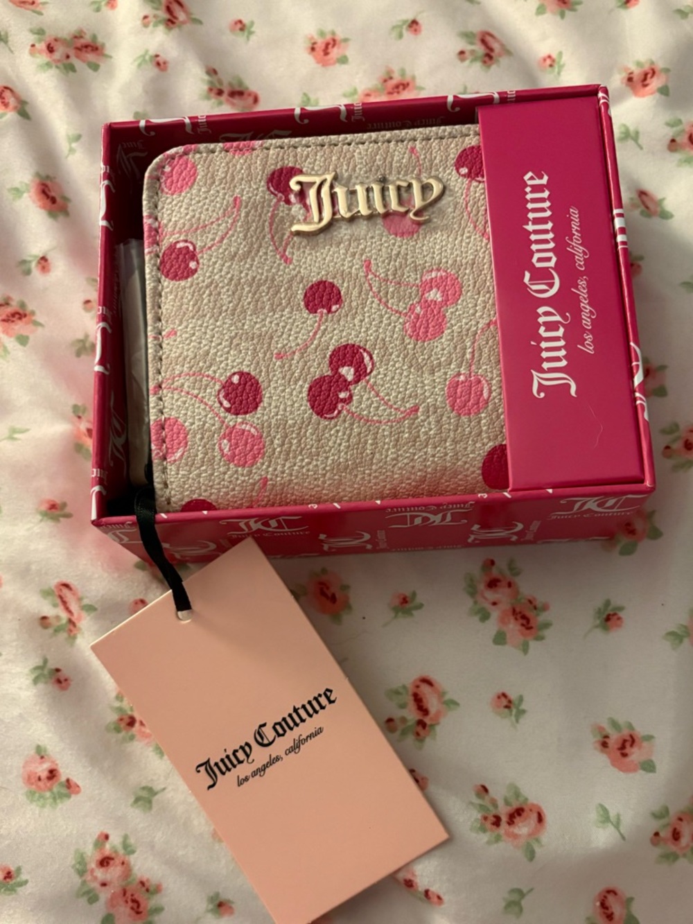 Juicy Couture Cream Wallet with Pink Cherry Print and Gold Logo